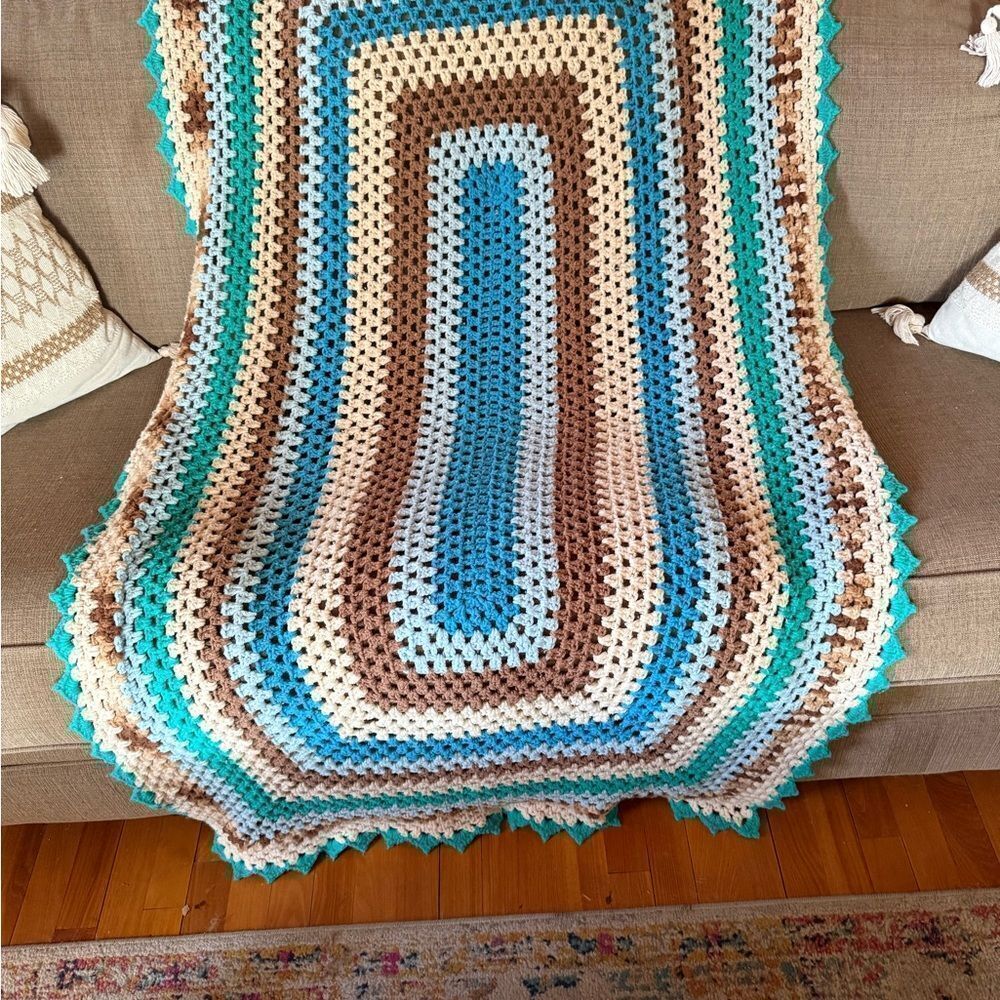 Vintage Handmade Hand Crochet Multicolor Throw Blanket Granny Afghan Grandma